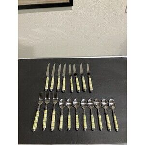 Vintage Hampton Silversmiths Plaid Flatware Set 19 Pc Yellow Orange Gingham 226